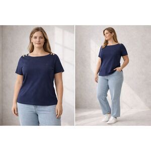 Nautica Navy Blue Boat Neck T-Shirt XL Gold Button Shoulder Cotton Nautical Top